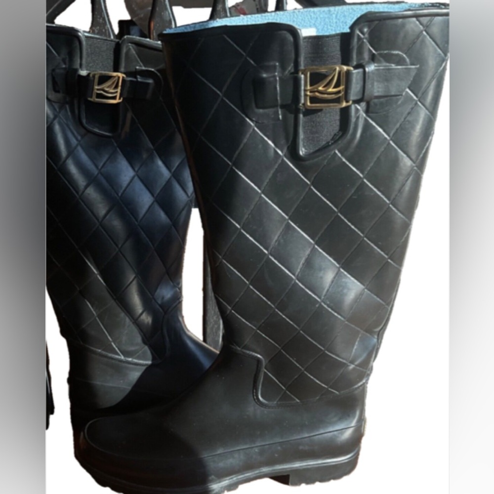 Sperry Top Sider Women' Tall Black Quilted Rubber Rain Boots Size 10Fleece Lined